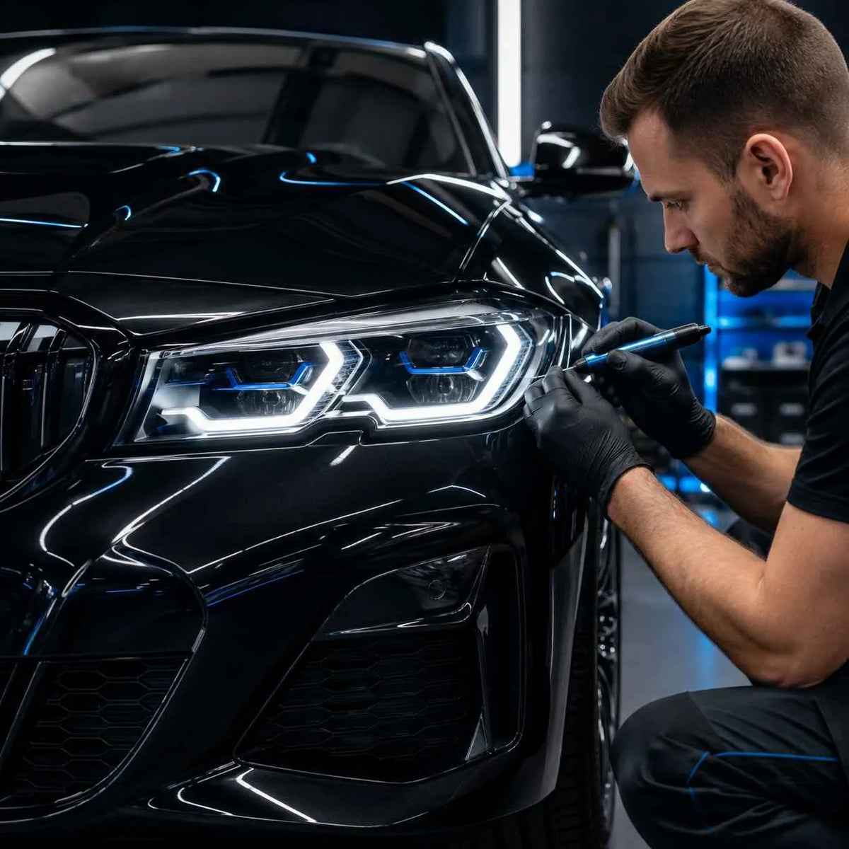 Headlight technician working on a vehicle