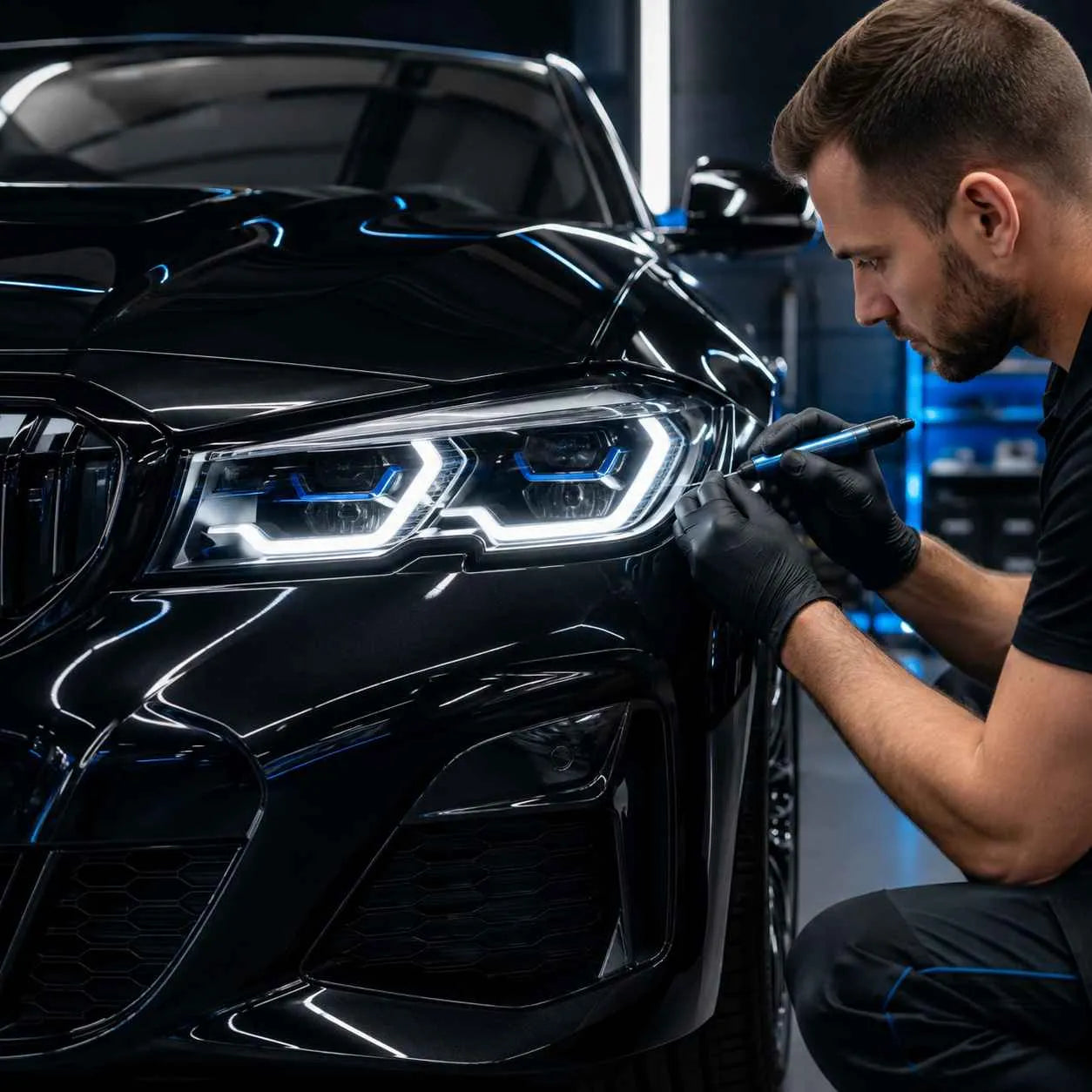 Headlight technician working on a vehicle