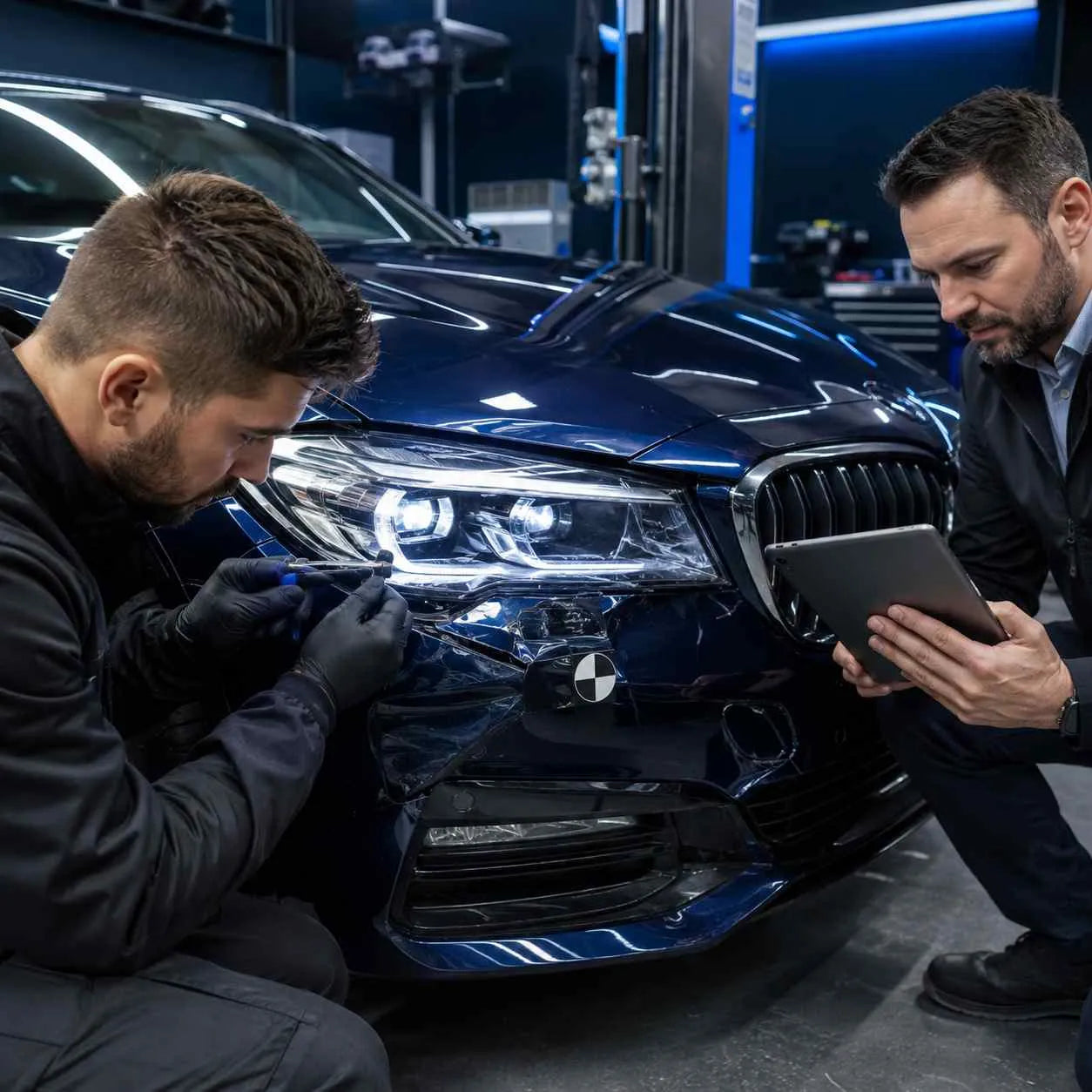 Technician repairing a headlight
